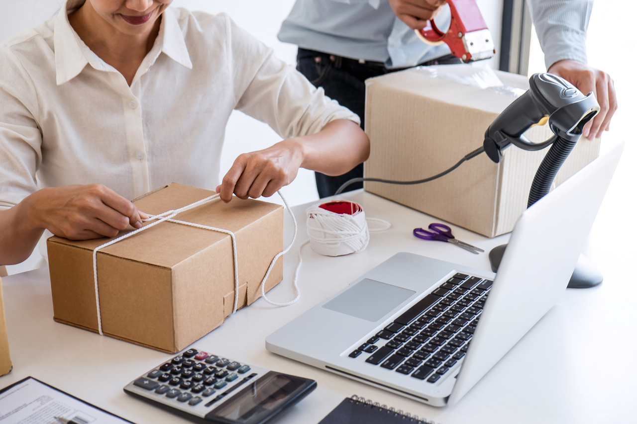 Small business owner delivery service and working packing box, b