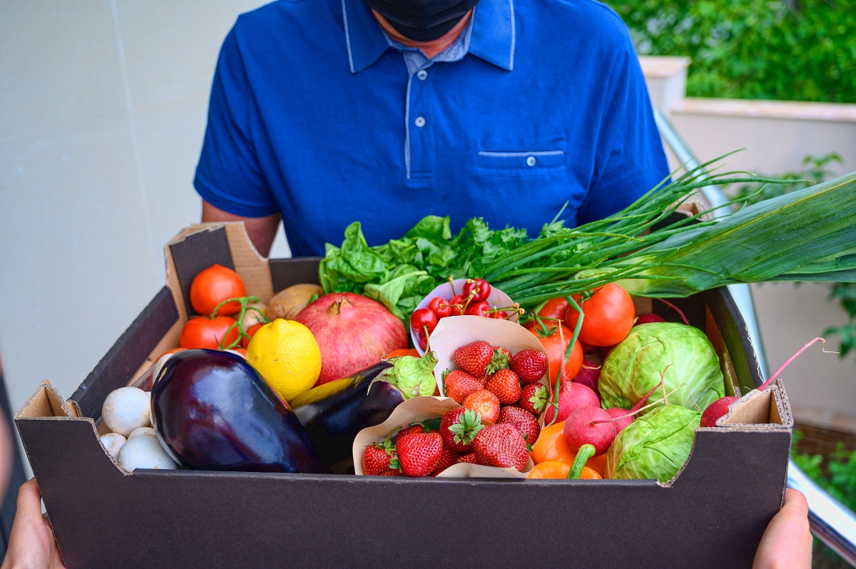 Box full of fruits and vegetables. Eggplant, mushrooms, cabbage and strawberry. Fresh organic farm products